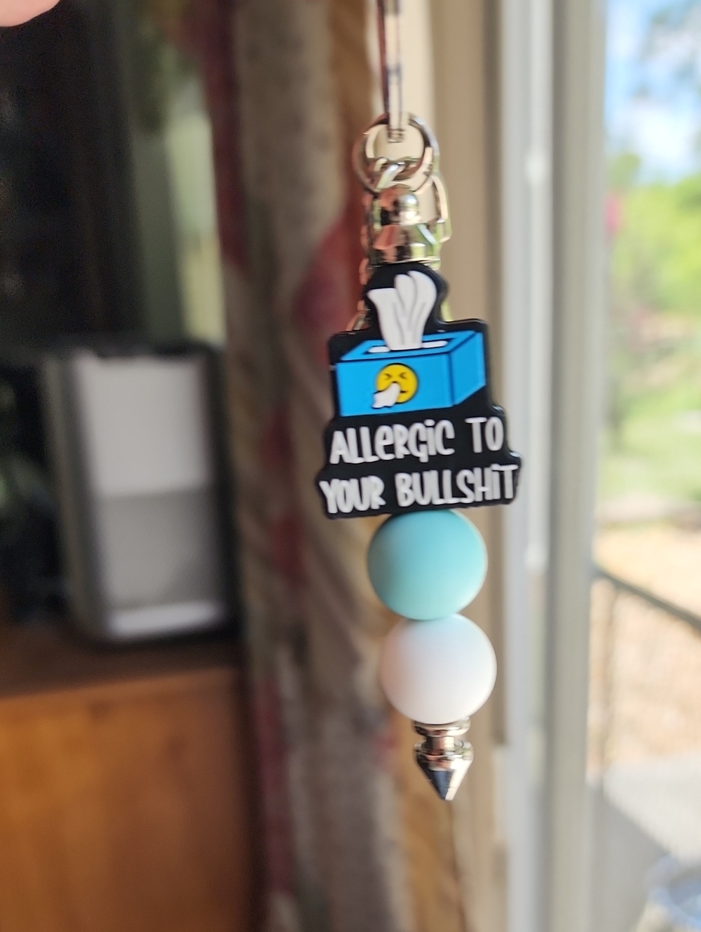 "Allergic to Your Bullshit" Blue & White Beaded Keychain - Picture 3 of 4